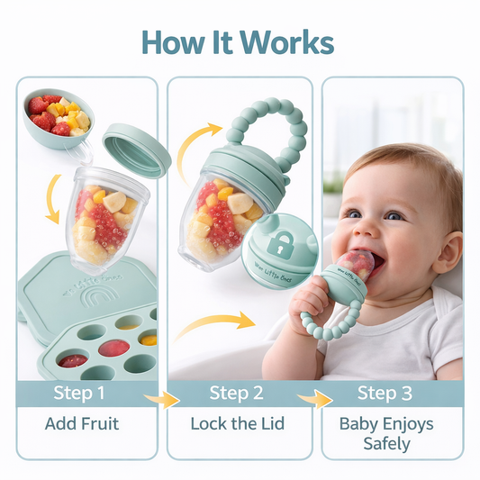 Teething toy with fruit snacks and steps on how to use it, including a baby using the toy.
