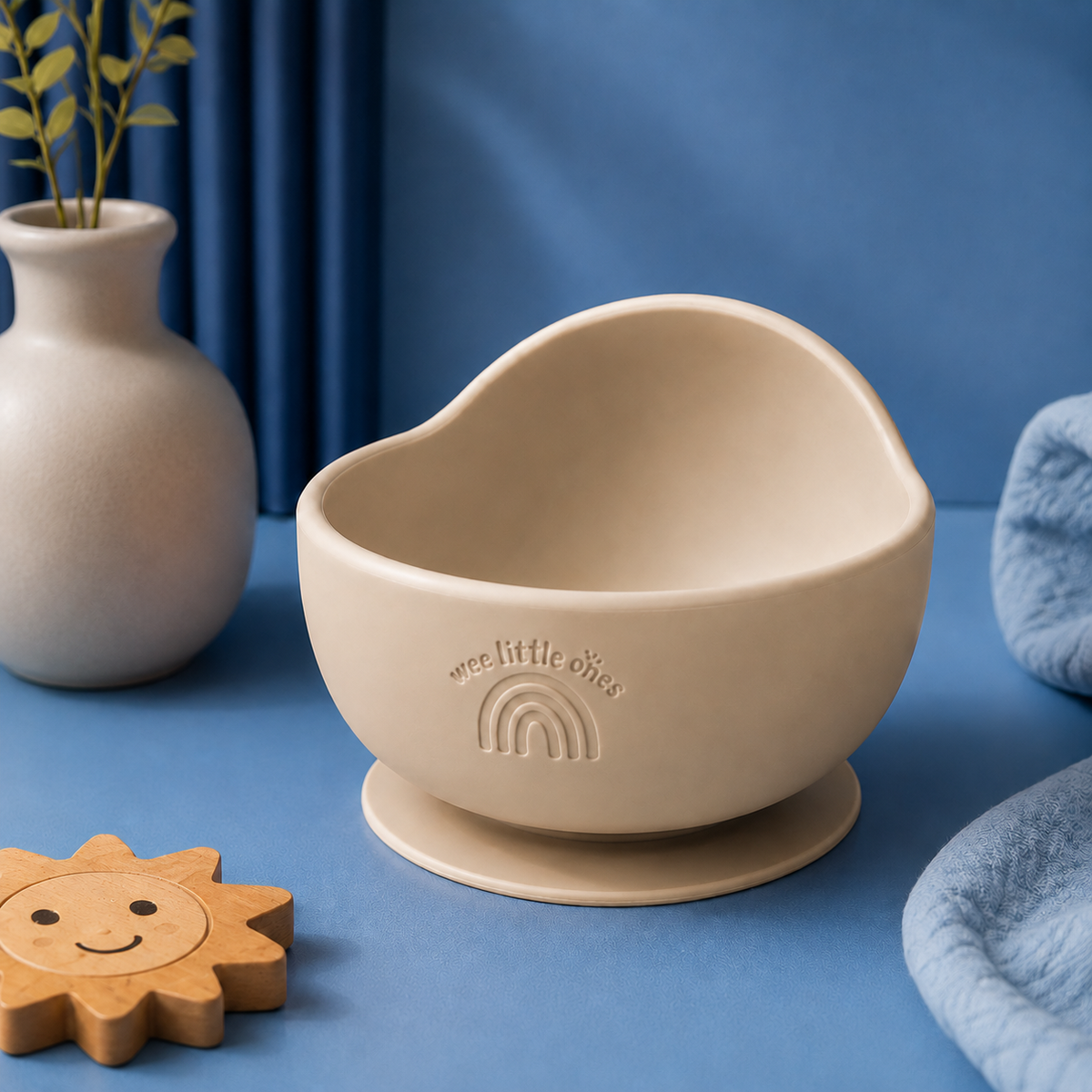 Brown ceramic bowl with a suction cup on a light surface with decorative elements.