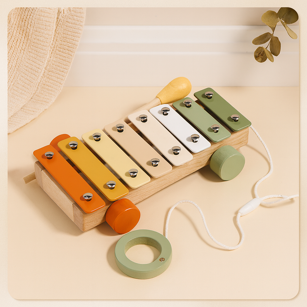 Colorful wooden xylophone toy with rainbow metal keys and pull string with attached green ring.