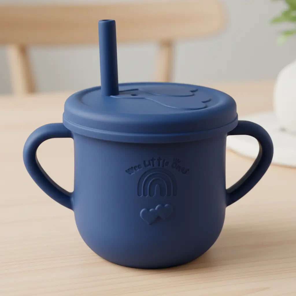 Navy blue silicone toddler cup with dual handles, lid, and built-in straw.