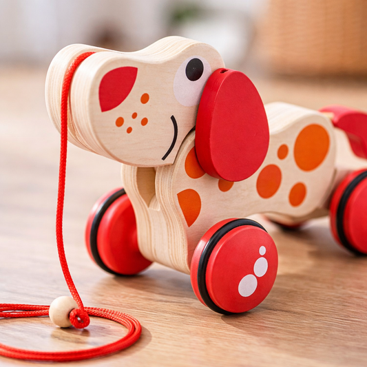 Wooden toy dog with red and orange accents on a wooden surface