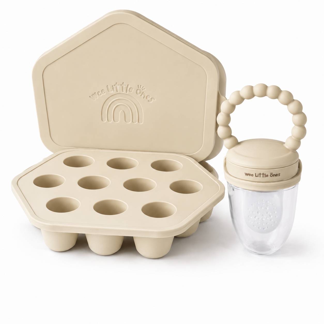Beige silicone baby teethers and a feeding bottle set on a white background. The set includes a house-shaped lid with a rainbow embossing, a matching house-shaped silicone mold tray with ten wells, and a clear bottle with a beige lid and a beaded handle.