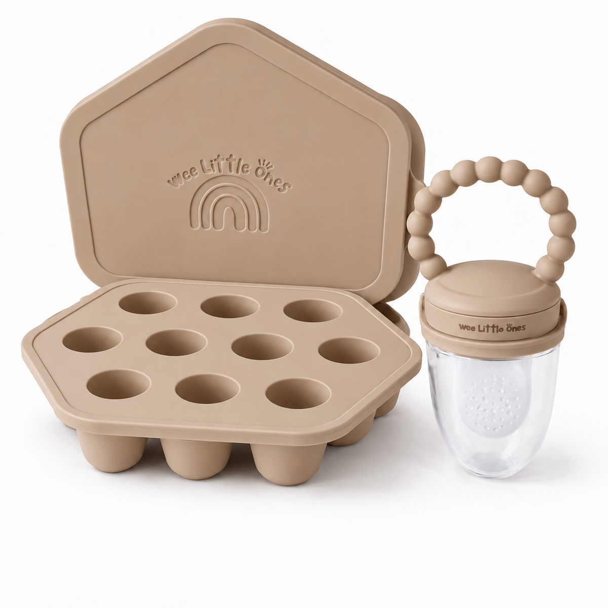 Beige silicone baby teethers and a feeding bottle set on a white background. The set includes a house-shaped lid with a rainbow embossing, a matching house-shaped silicone mold tray with ten wells, and a clear bottle with a beige lid and a beaded handle.