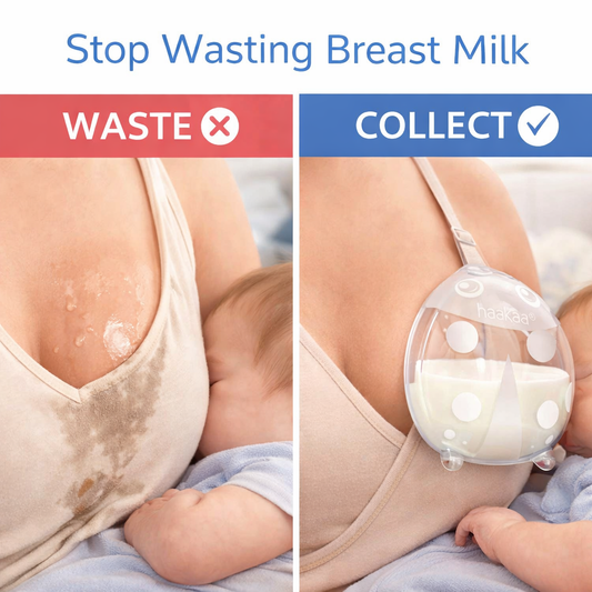 Comparison of breast milk waste with a collection device, showing a baby being fed from a breast and a collection device attached to the other breast.