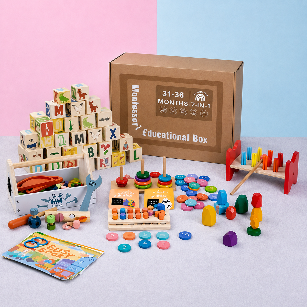 Montessori educational toys and materials on a light background