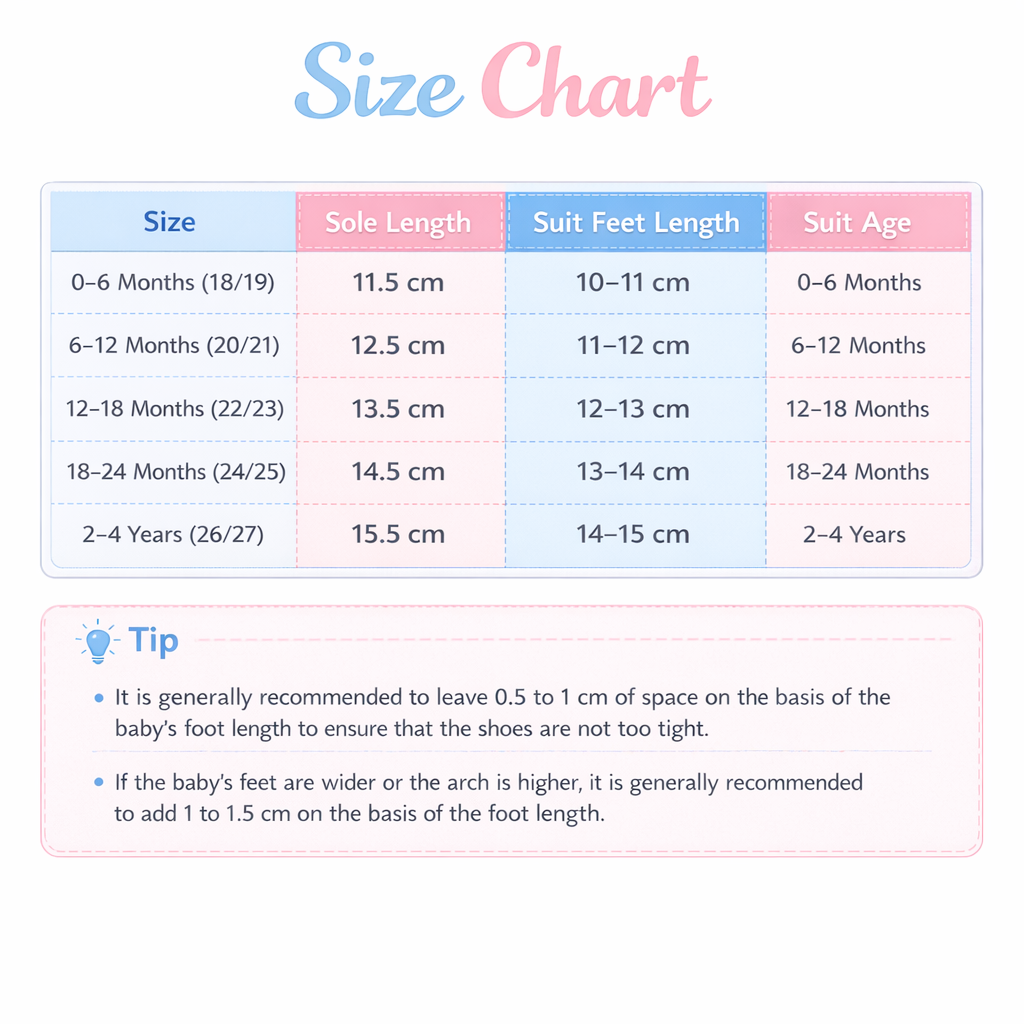 Size chart for children's shoes with sole length, foot length, and suitable age range.