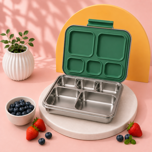 A stainless steel compartment lunch box with a green lid, shown open on a round platform with strawberries, blueberries, and a small potted plant against a pink background.