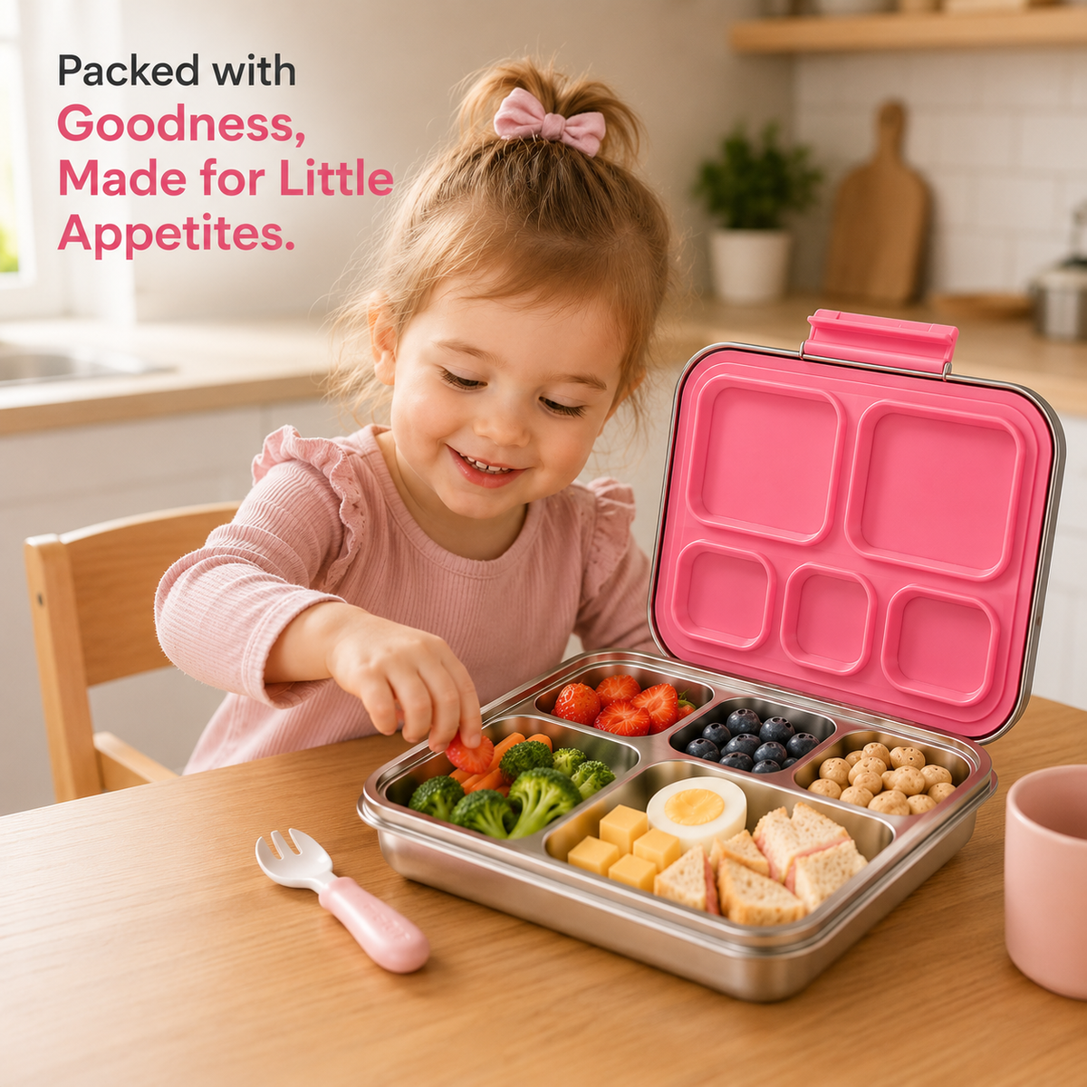 A young girl with a pink bow in her hair smiles while packing a stainless steel bento lunch box with a bright pink lid. The open box contains broccoli, tomatoes, blueberries, chickpeas, cheese cubes, and sandwich slices.