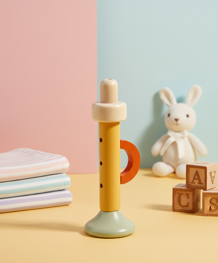 Wooden baby trumpet toy in yellow and green with orange handle, surrounded by folded cloths and plush bunny toy.