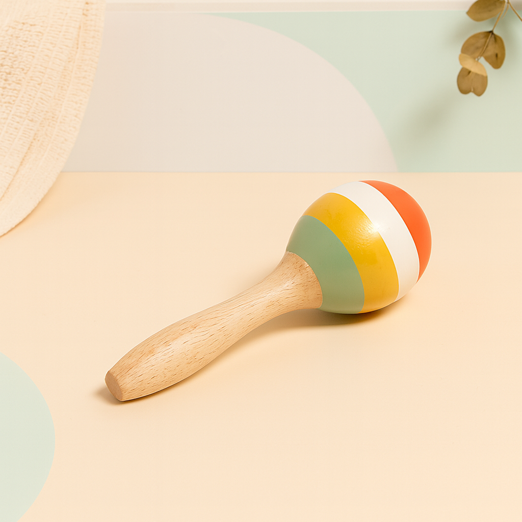 Wooden maraca with rounded handle and colorful yellow, white, green, and orange striped head.