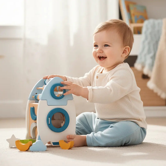 Wooden rocket-shaped toy cube with colorful geometric shapes and cutouts held by a smiling baby.