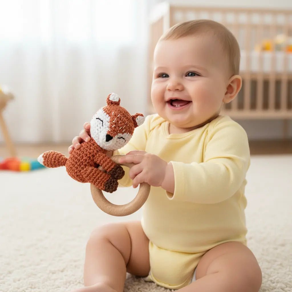 Baby holding brown crochet fox rattle with wooden ring handle, sitting on carpeted floor.