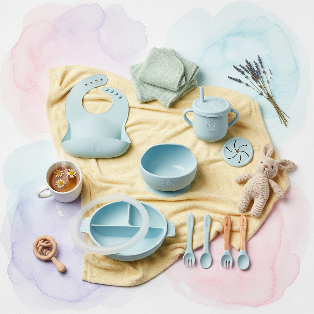 Collection of baby utensils and accessories on a yellow blanket with a soft, pastel background.