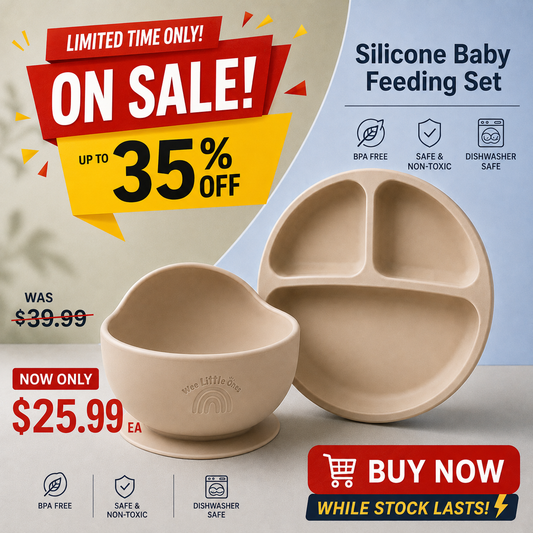 A beige silicone baby feeding set featuring a small teardrop-shaped bowl with a suction base and a matching three-compartment divided plate, shown on a promotional graphic with sale text and icons.