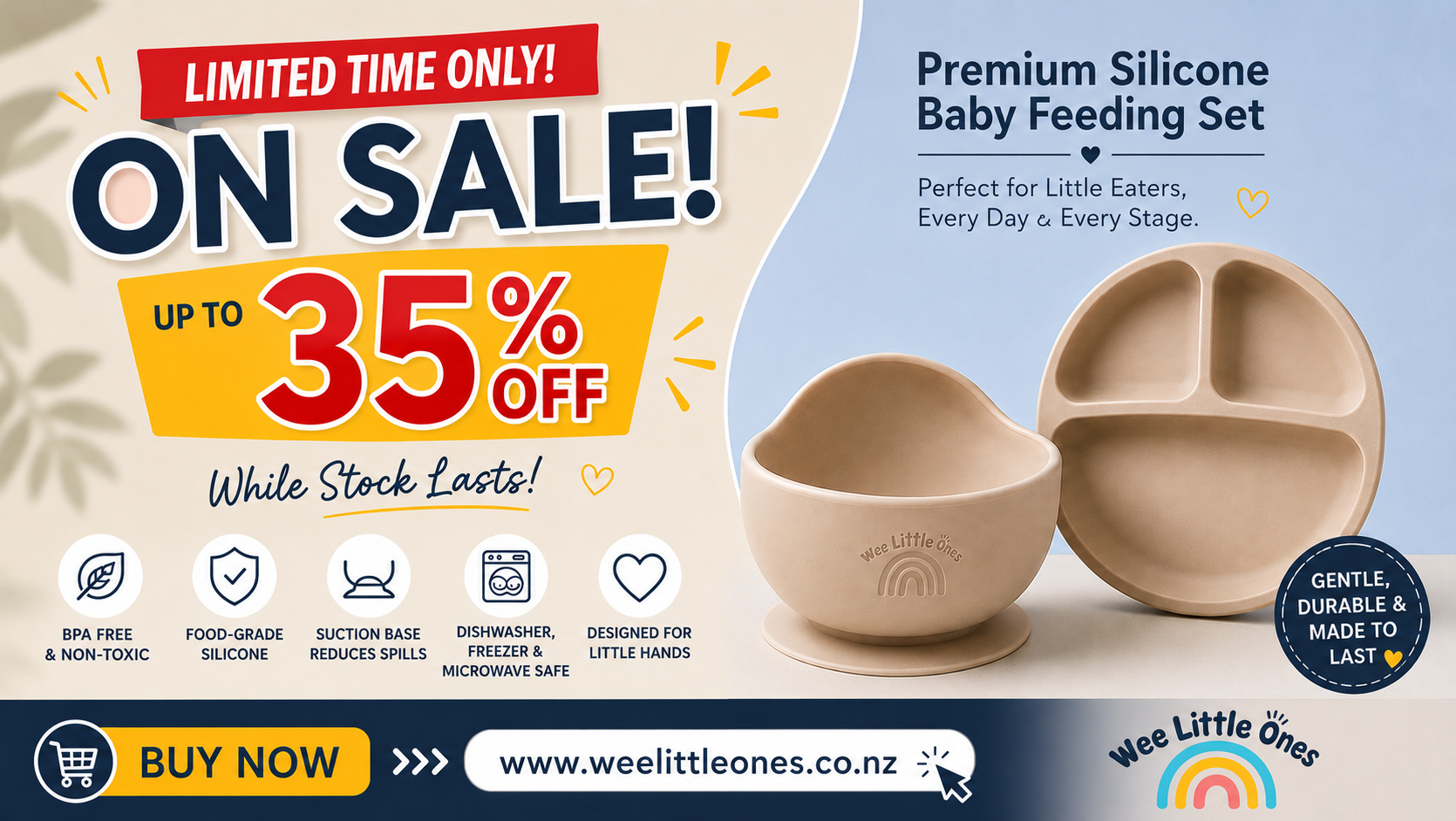 Promotional banner for a Wee Little Ones premium silicone baby feeding set, showing a beige divided bowl and a matching small cup on a split cream and light blue background with sale text, product features, and a buy-now button.
