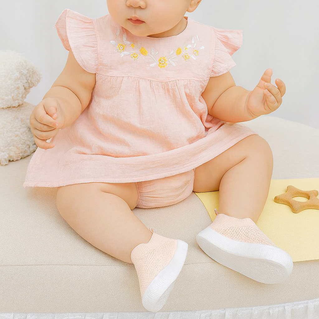 Baby wearing light pink soft-soled breathable toddler shoes with white soles.