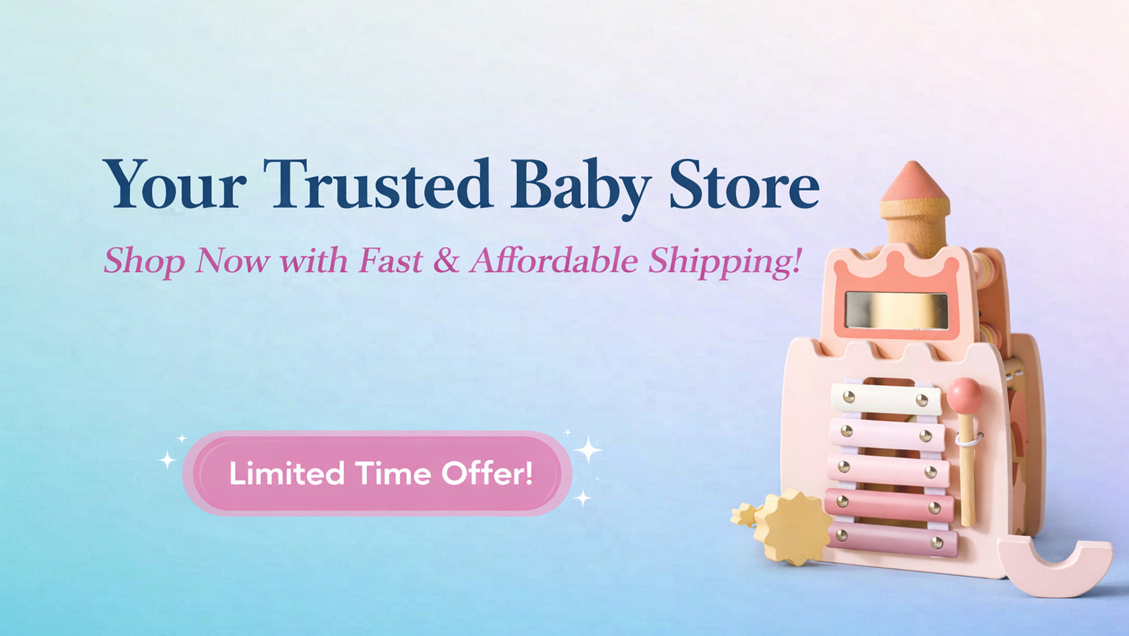 Baby toy with text about a trusted baby store and limited time offer on a light blue background