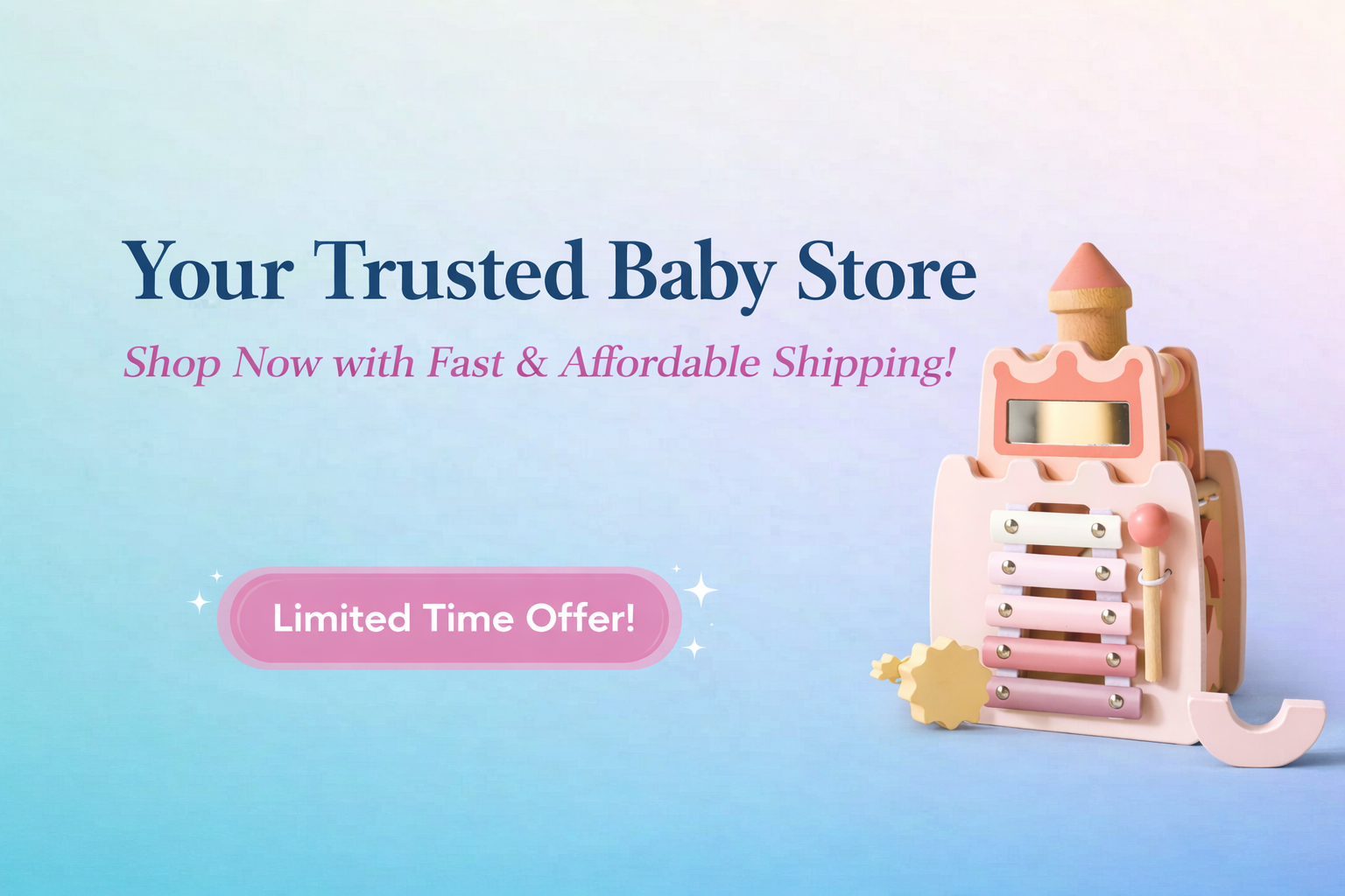 Baby toy with text promoting a trusted baby store and limited time offer on a light blue background