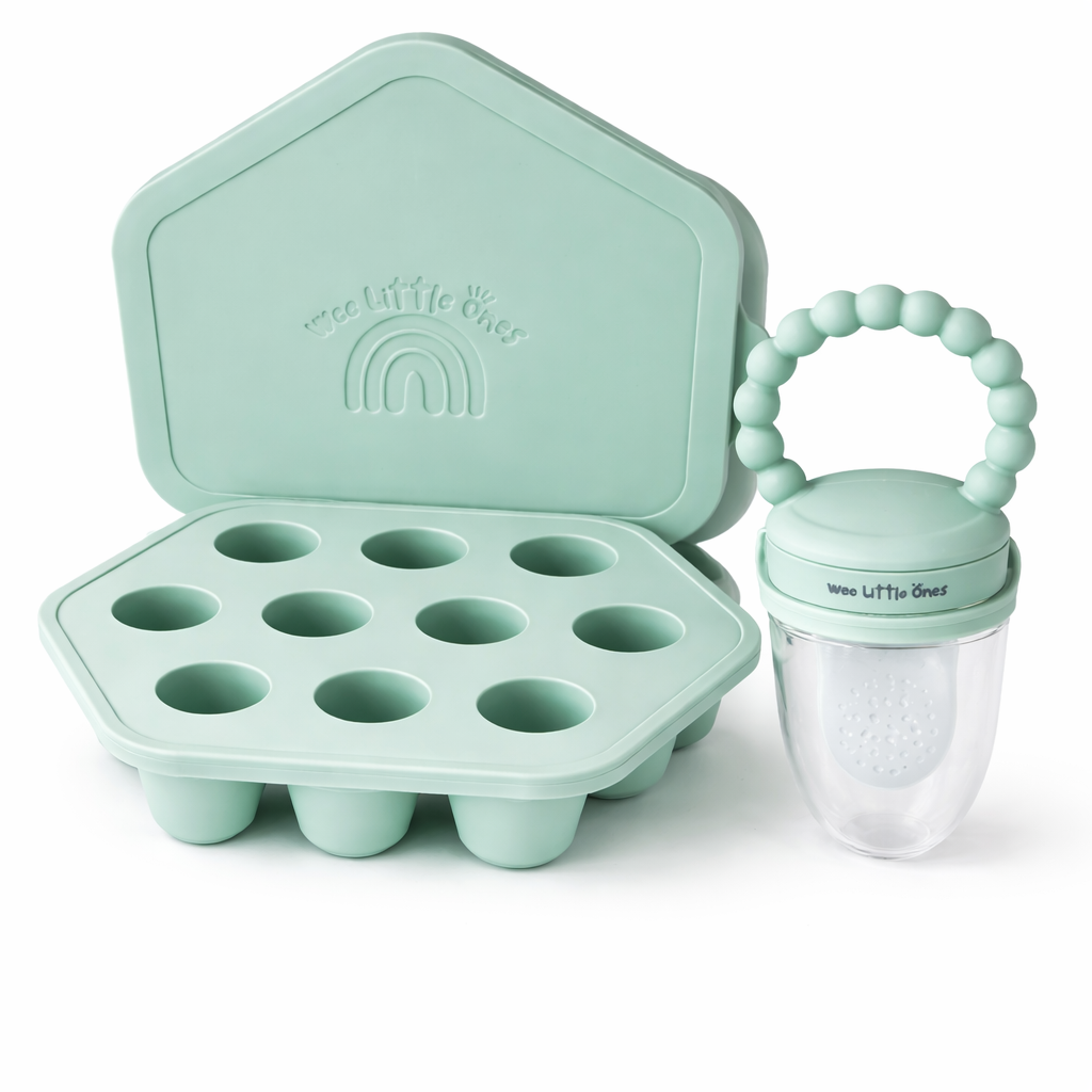 Mint green baby food storage container with a teething ring on a white background