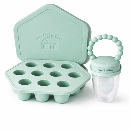 Mint green baby food storage container with a teething ring on a white background