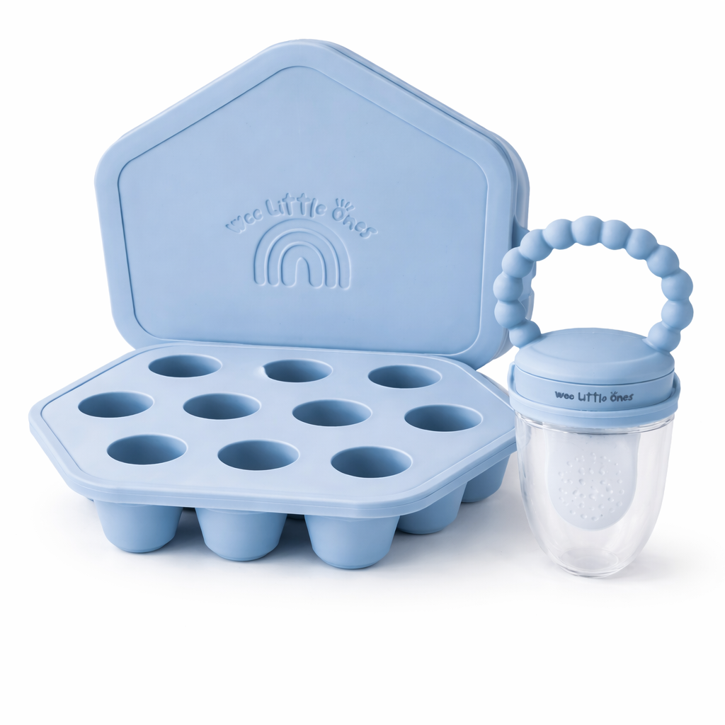Blue silicone baby food storage tray with lid and teether on a white background