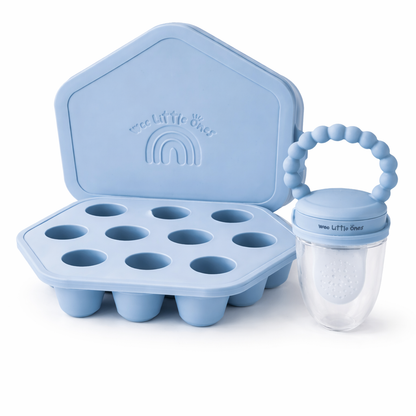 Blue silicone baby food storage tray with lid and teether on a white background