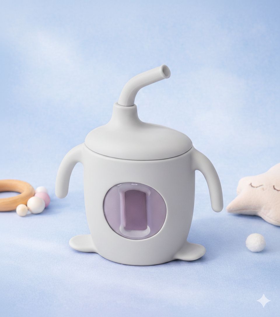 White baby sippy cup with a purple interior on a light blue background