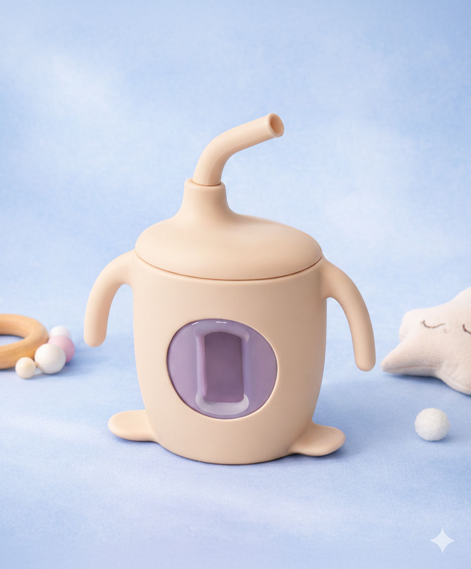 Beige baby sippy cup with purple interior on a light blue background