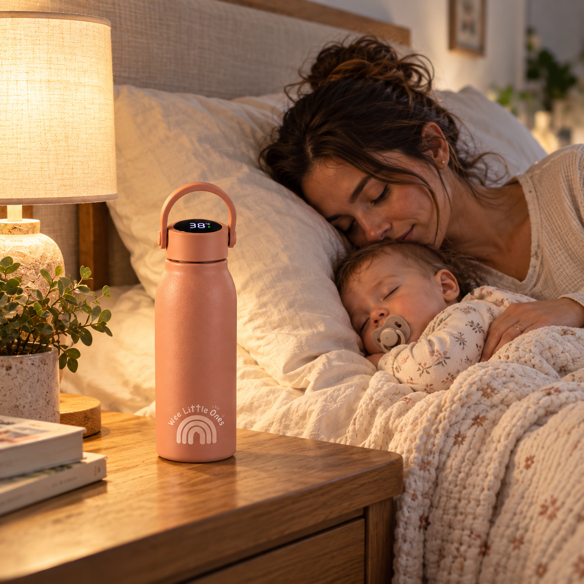 Mother and baby Sleeping with Baby Bottle Temperature