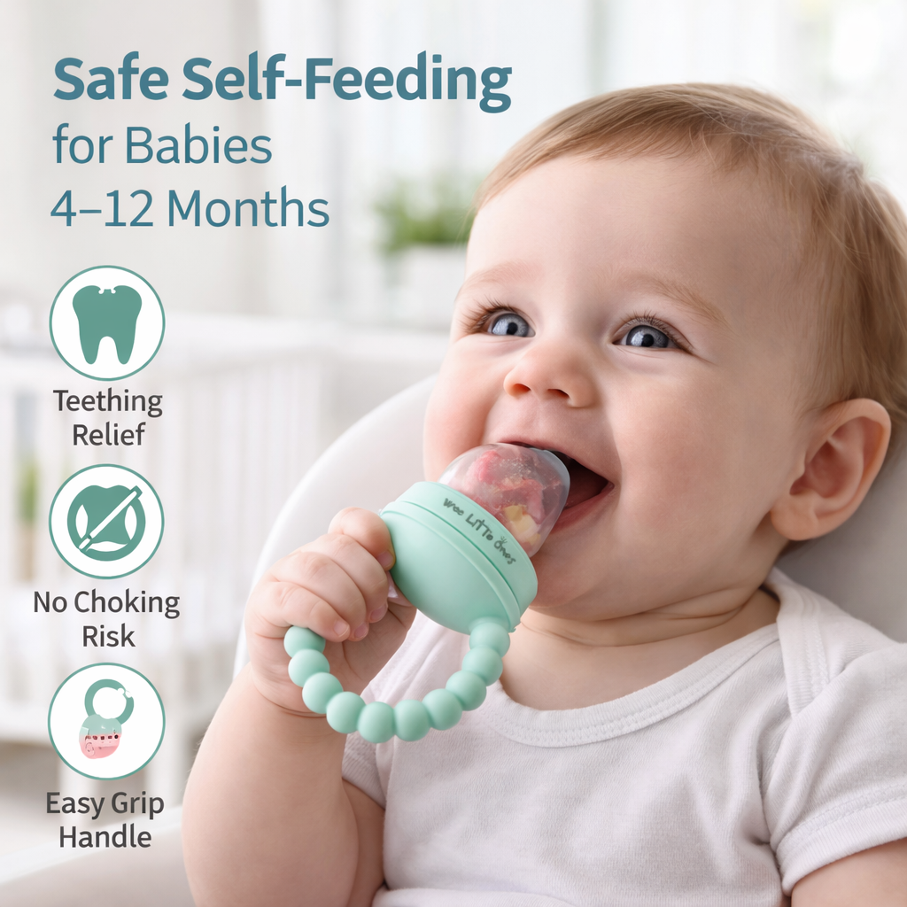 Baby holding a green teething toy with text about safe self-feeding for babies.