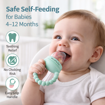 Baby holding a green teething toy with text about safe self-feeding for babies.