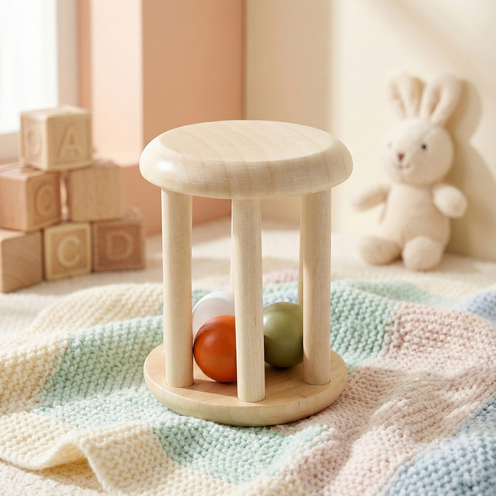 Wooden ball rolling tower toy with orange and green balls on a knitted blanket.