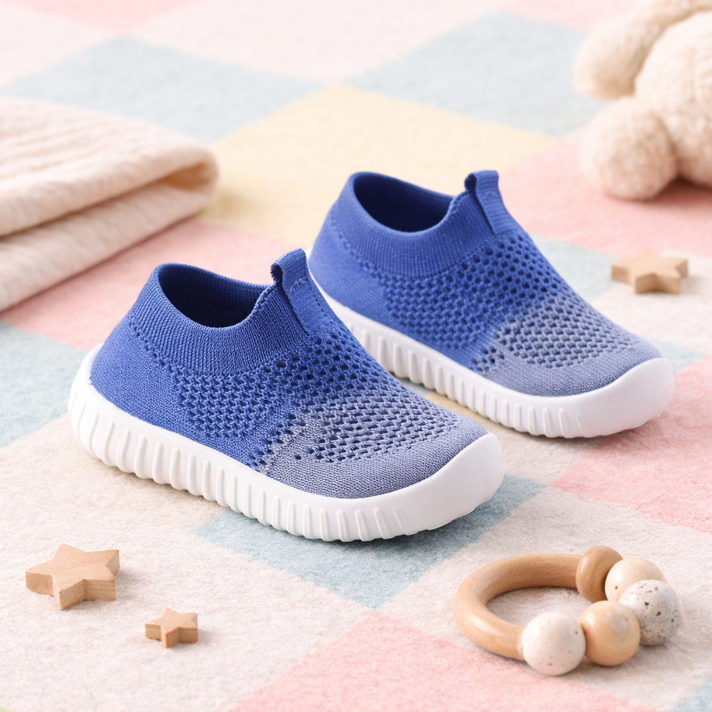 Blue children's shoes on a colorful blanket with toys around
