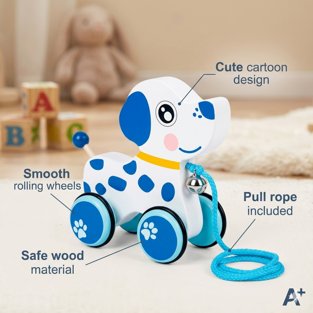 Toy dog with blue accents on a light background, featuring text labels on its features.
