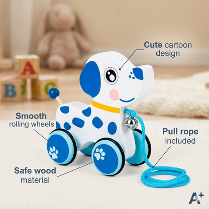 Toy dog with blue accents on a light background, featuring text labels on its features.