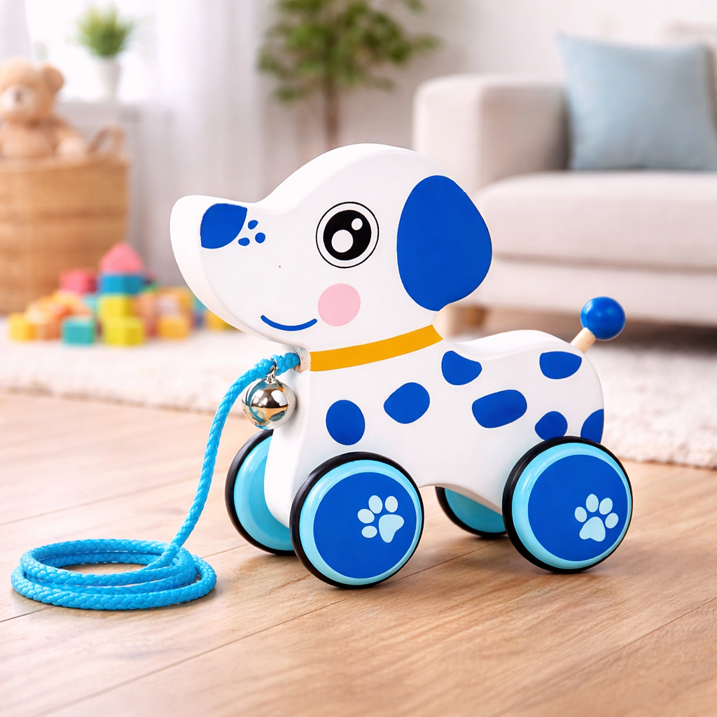 Toy dog with wheels and a rope on a wooden floor