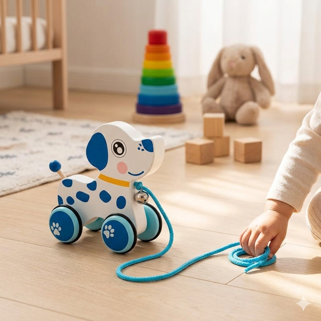 Child playing with a blue and white toy dog on a wooden floor.