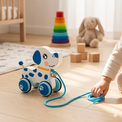 Child playing with a blue and white toy dog on a wooden floor.