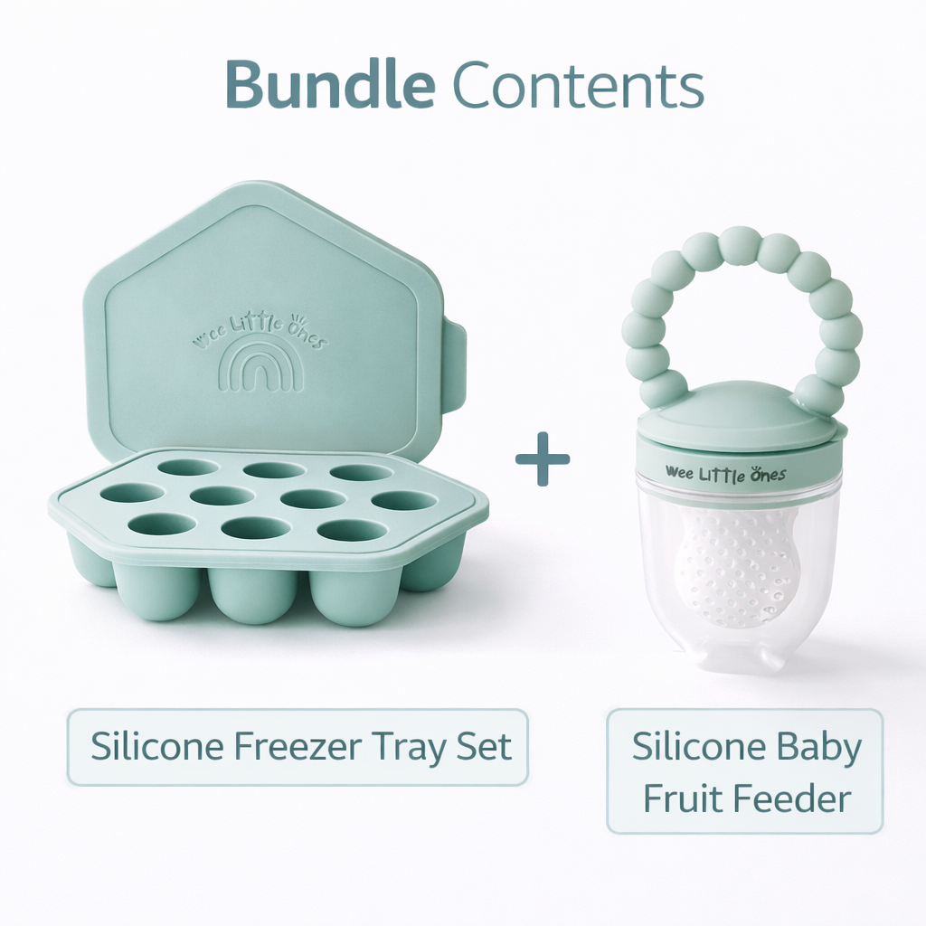Silicone freezer tray set and baby fruit feeder on a white background