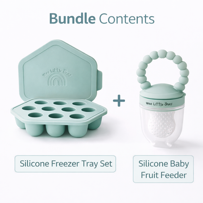 Silicone freezer tray set and baby fruit feeder on a white background
