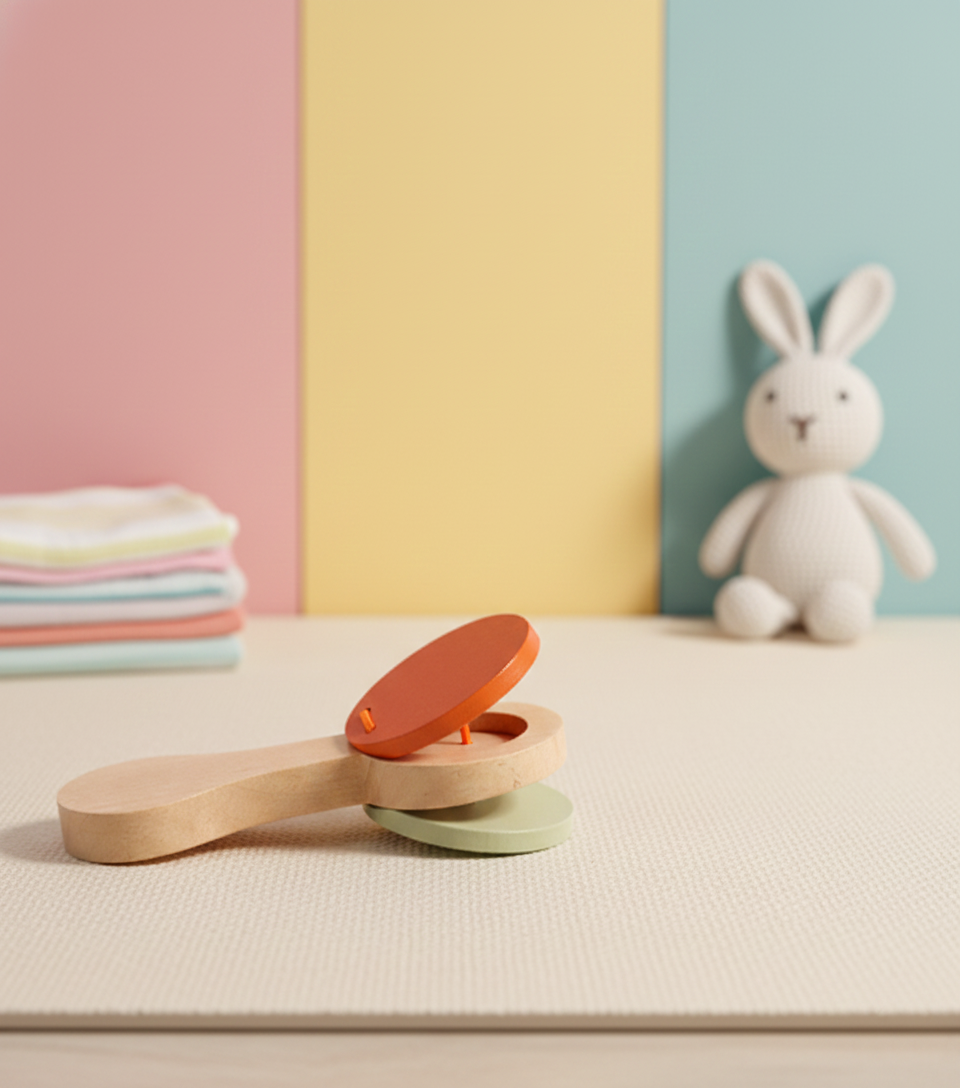 Wooden clacker toy with orange and green discs on a light wooden handle against pastel background.