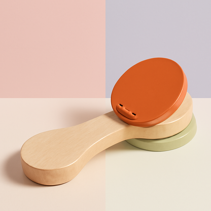 Wooden clacker toy with natural wood handle and orange and green circular clappers stacked together.
