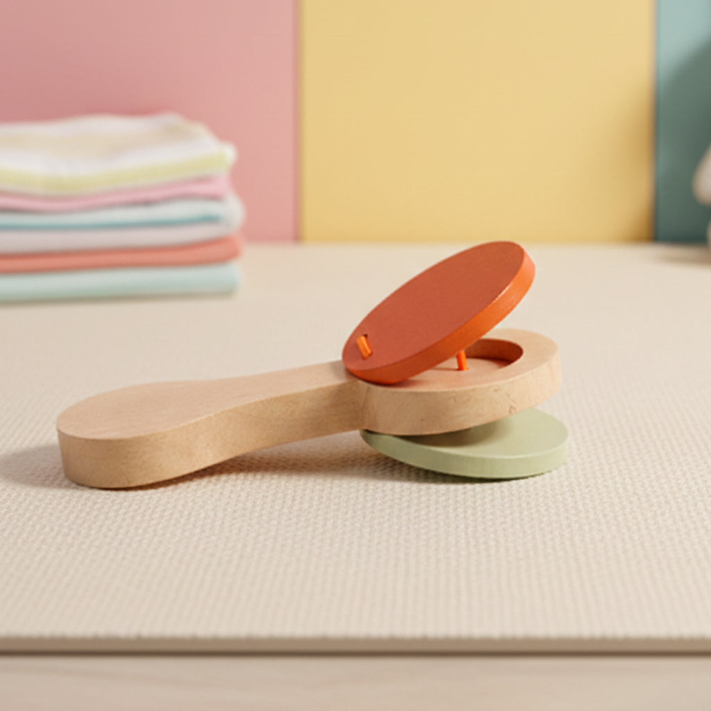 Wooden clacker toy with natural wood handle, orange top paddle, and green bottom paddle on a textured surface.