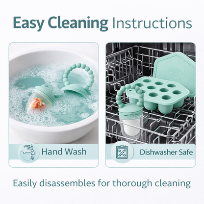 Teal silicone baby bottle parts with cleaning instructions on a white background