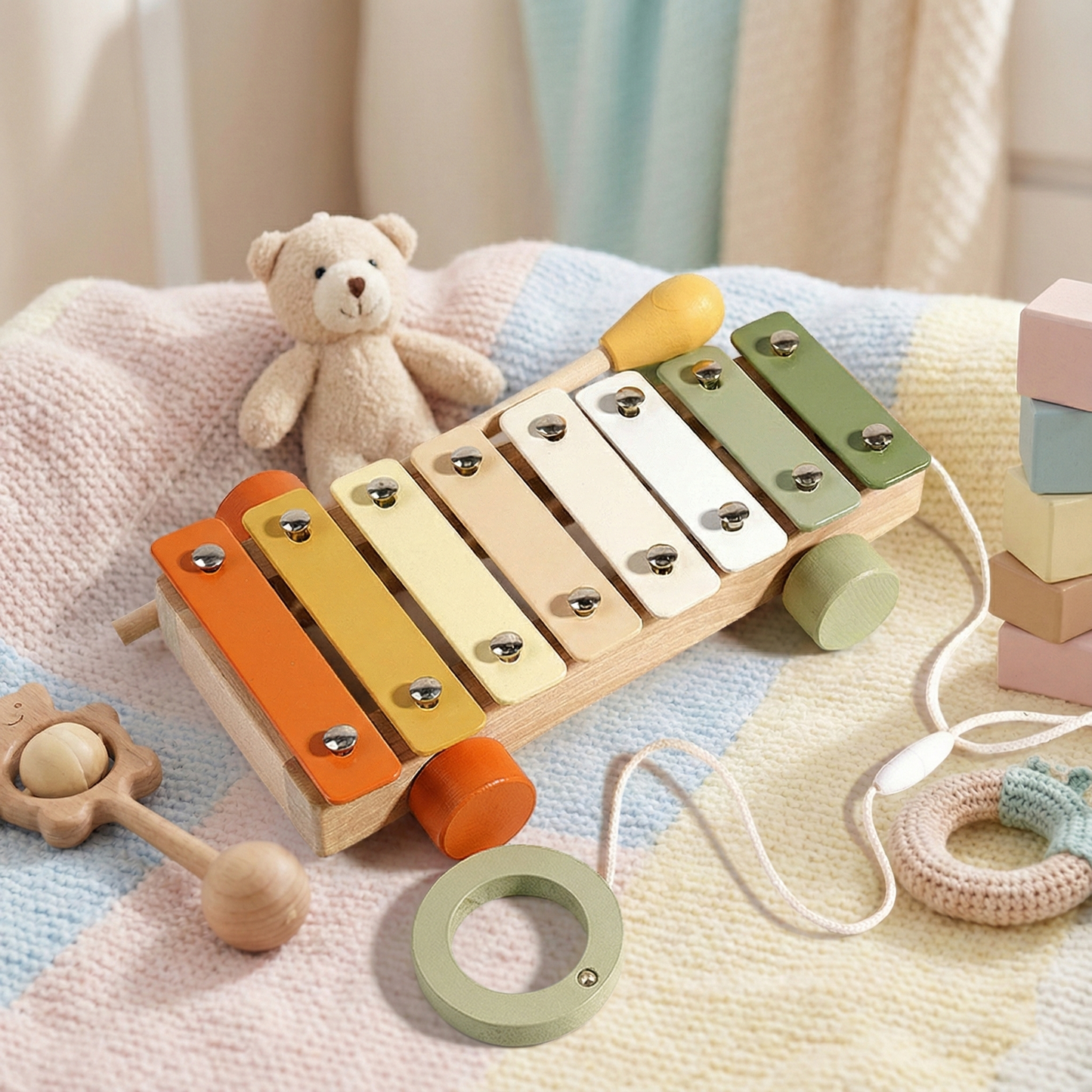 Colorful wooden xylophone with eight metal keys and attached yellow mallet on a soft blanket with a teddy bear nearby.