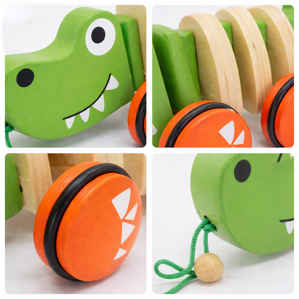 Collage of a green and orange toy dinosaur with wooden body and wheels.