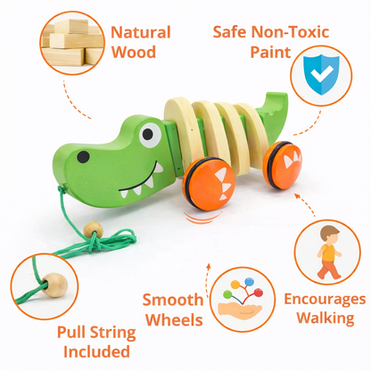 Wooden toy alligator with pull string, highlighting features like natural wood, safe non-toxic paint, smooth wheels, and encouraging walking.