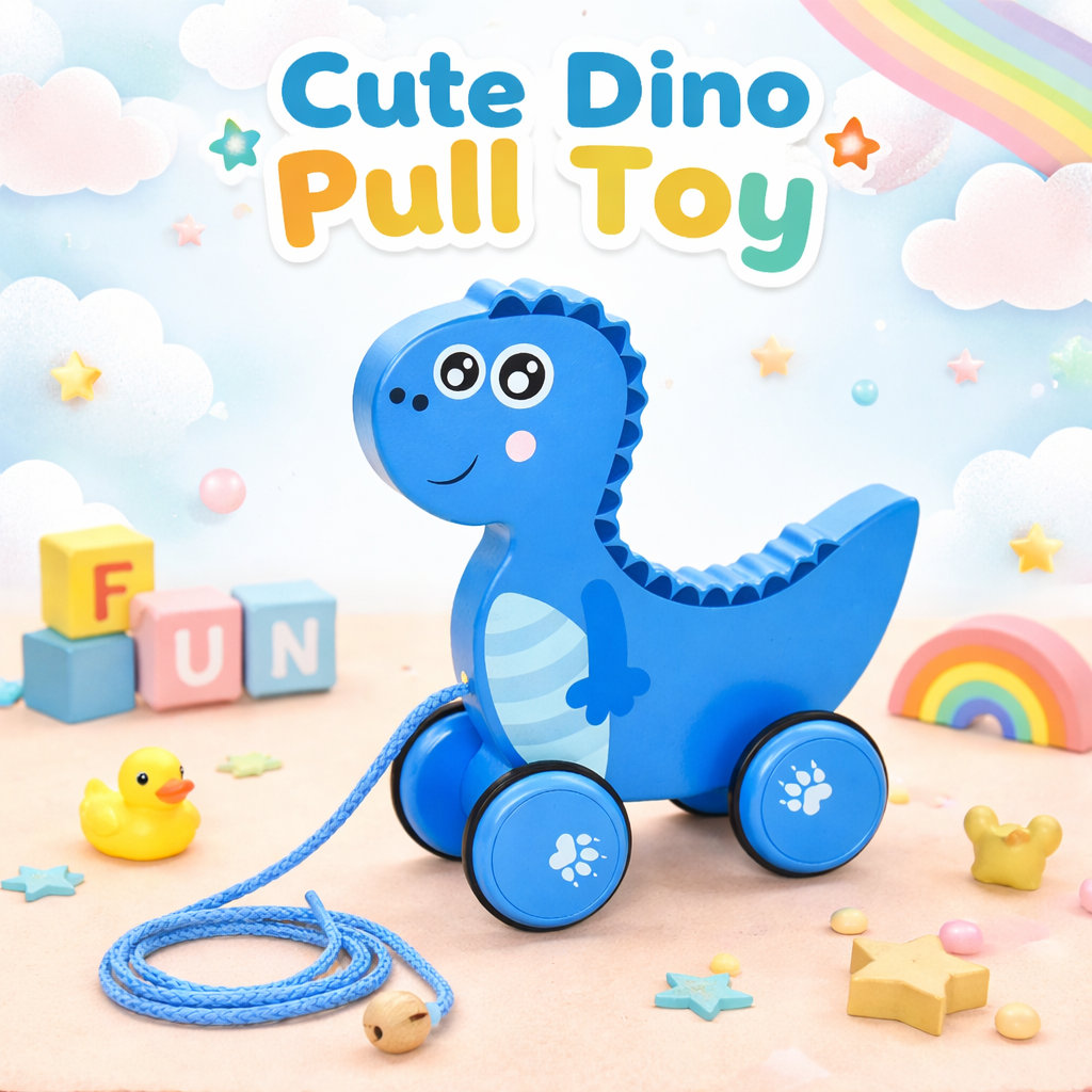 Blue dinosaur pull toy with colorful background and text