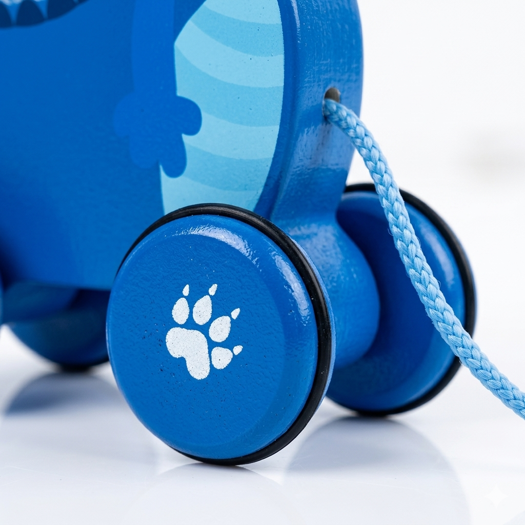 Blue toy with paw print design on a white background