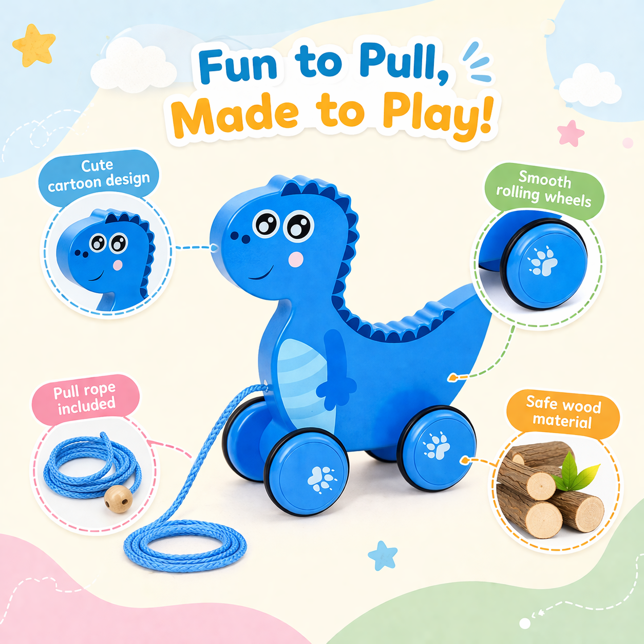 Blue dinosaur toy with pull rope on a colorful background